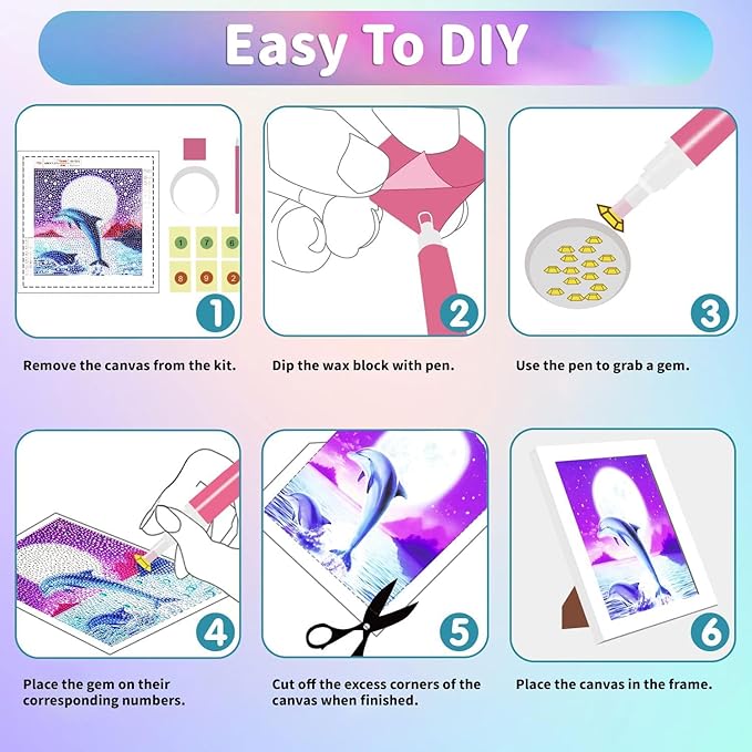 5D Diamond Painting Kits for Kids, Diamond Painting Kits Animals with Wooden Frame, Dolphin Diamond Painting Kits for Beginners, Girls, Adults, Diamond Painting Pictures, Arts Craft for Home Decor