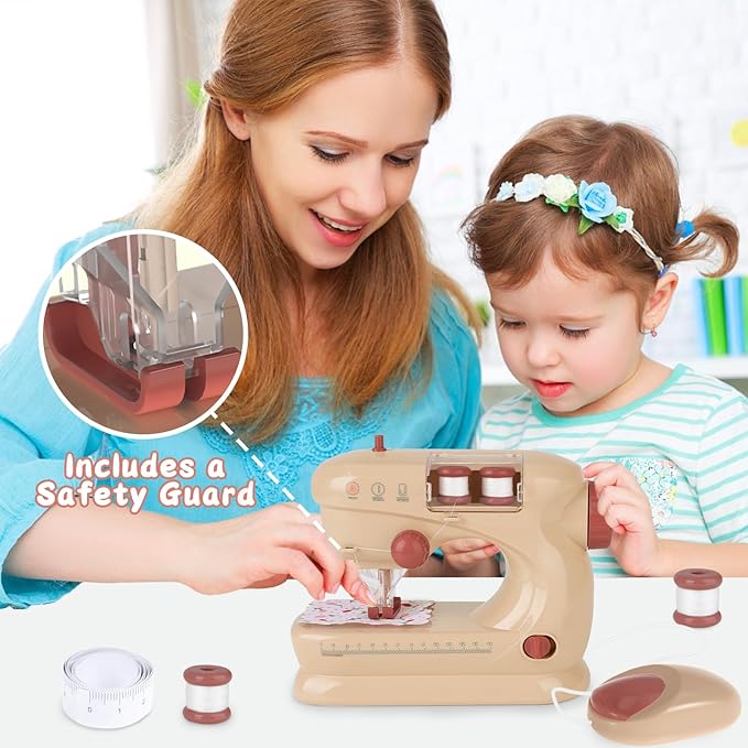 deAO Sewing Machine for Beginner, Safe Small Sewing Kit with Music Pre-Threaded Thread Fabric, Pretend Play Arts and Crafts Toys Gift for Kids Ages 8-12 Childrens Girls Boys for Birthday Christmas