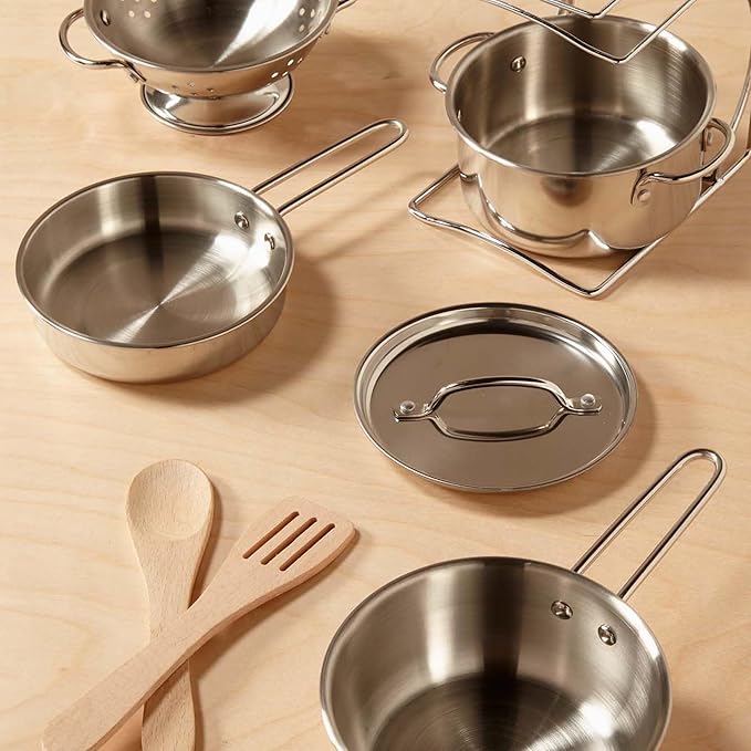 Melissa & Doug Stainless Steel Pots and Pans Pretend Play Kitchen Set for Kids (8 pcs)