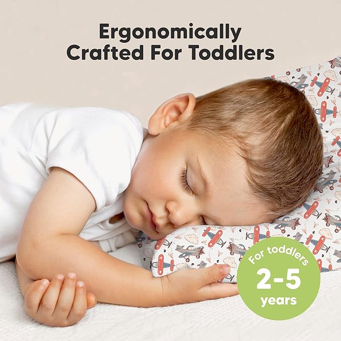 Toddler Pillow with Pillowcase - 13x18 My Little Dreamy Pillow, Organic Cotton Toddler Pillows for Sleeping, Kids Pillow, Travel Pillows, Mini Pillow, Nursery Pillow, Toddler Bed Pillow (Aircraft)