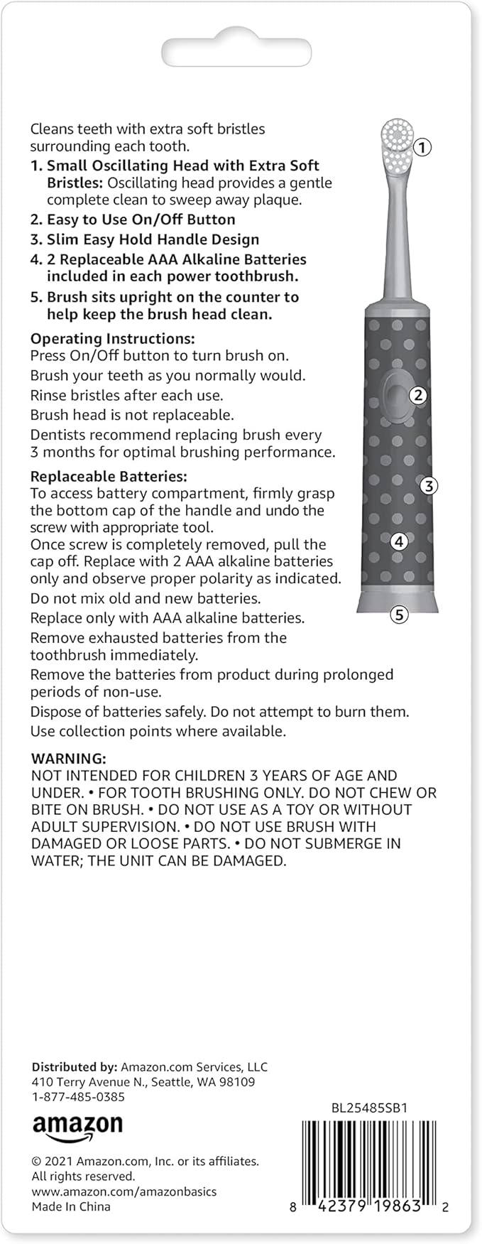 Amazon Basics Kids Battery Powered Toothbrush, 2 Count, 2 Pack (Previously Solimo)