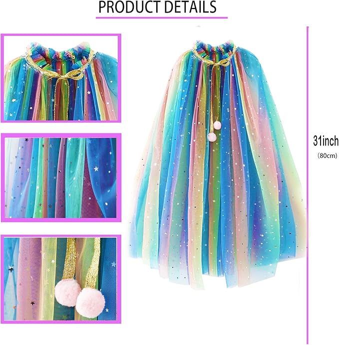 Princess Cape Set Dress Up Accessories Party Cosplay Cloak Costumes with Tiara Crown Wand Wig Golves for Little Girls