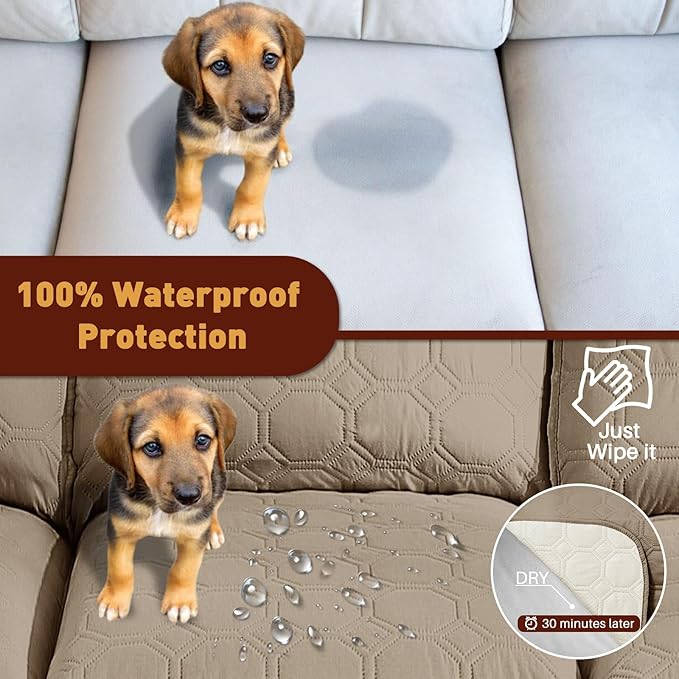 XINEAGE 100% Waterproof Recliner Chair Cover, Non Slip Covers for Recliner Chair with Pocket, Washable Dog Recliner Couch Cover with Elastic Straps (Light Coffee, 30")