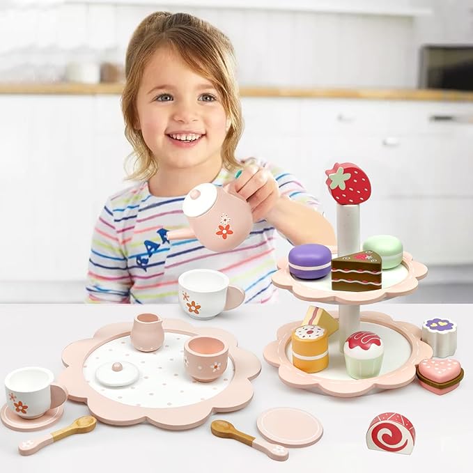 Wooden Tea Party Set for Little Girls, 25Pcs Wooden Tea Set with Play Food Dessert Cakes and Cake Stand for Toddler, Wooden Pretend Play Tea Set Toys for Toddlers 2 3 4 5 6 Years Old Birthday Gift