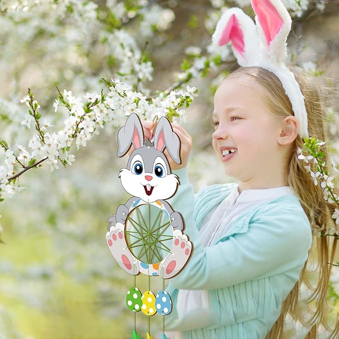Fennoral 5 Pack Bunny Dream Catcher Craft Kit for Kids Paint You Own Easter Rabbit Dream Catcher Ornament DIY Coloring Wooden Easter Art and Craft for Art Activity Project Easter Decoration