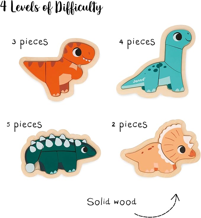 Janod 4 FSC Wood Dinosaur Progressive Puzzles-2 to 5 Pieces-Children’s Toys-Educational Games-Early-Years Toys-18 Months +, J05824, Multicolor