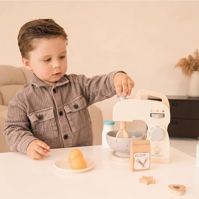 New Classic Toys Wooden Mixer Set Pretend Play Toy for Kids Cooking Simulation Educational Toys and Color Perception Toy for Preschool Age Toddlers Boys Girls , Red,White