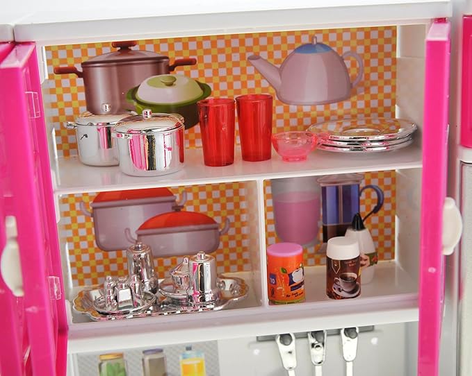 PowerTRC Doll Kitchen Play Set, Mini Modern Toy Pink Kitchen Pretend Furnitures Toy Set Accessories Set with Realistic Light & Sound for Kids Toddlers Girls (4-in-1 w/ 11.5” Doll)