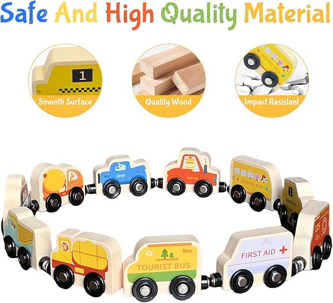 Montessori Toys for Toddler Age 1-3, Toddler Toy Wooden Magnetic Traffic Train Set with Playmat/Storage Bag for Baby Boy, Birthday for 1 2 3 Years Old Boys & Girls