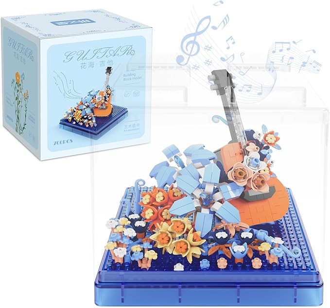 Guitar Mini Building Block Sets with Colorful Flower Decor, Micro Building Sets with Dust Cover,Gift for Girl,Lover,Mother, Home Office Decor Kit Suit for Kids and Adult Aged 8+(Guitar)