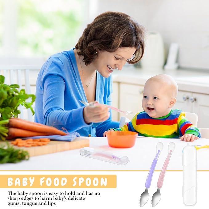 Lallisa 2 Pcs Double Head Baby Silicone Food Spoon Baby Fruit Scraping Mud Spoon Soft Feeding Food Scraper for Infants Fruit Feeding (Purple and Pink)