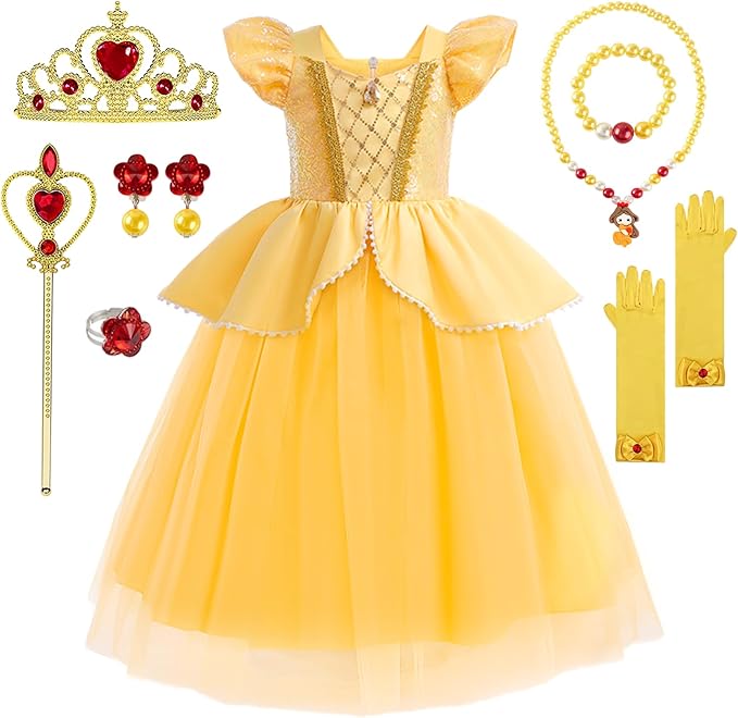 Princess Dress Up Clothes for Little Girls, Belle Costume Dress with Accessories for Birthday Party Cosplay Halloween