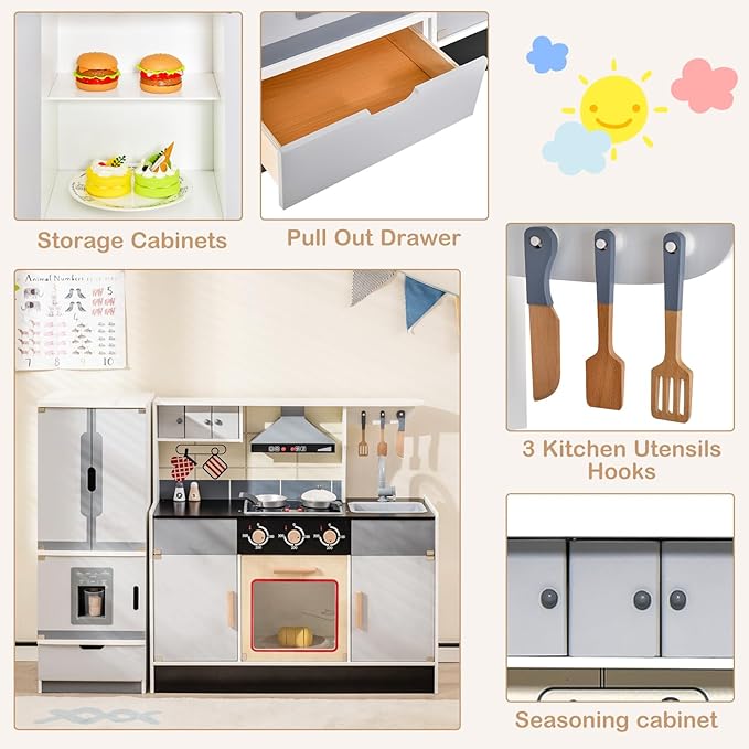 HONEY JOY Kids Kitchen Playset, 2-Piece Modular Wooden Play Kitchen for Toddlers & Refrigerator with Ice Maker, Range Hood, Oven, Little Chef Pretend Toy Kitchen Set with Light & Sound, Gray