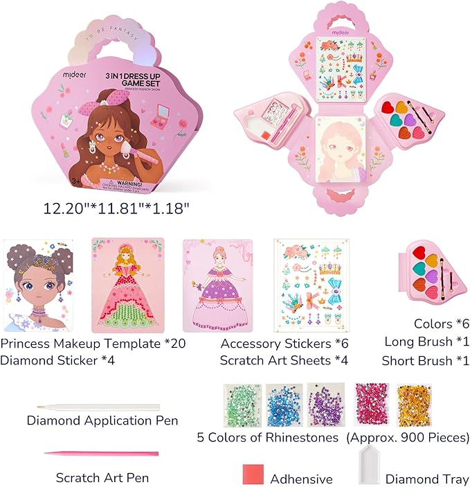 Mideer 4 in 1 Art Craft Kits for Kids, Princess Dress Up Game Set with Diamond Painting & Scratch Paper Art, Paper Fantasy Makeup Activity Art Craft Kits for Girls Age 3 4 5 6 7 8