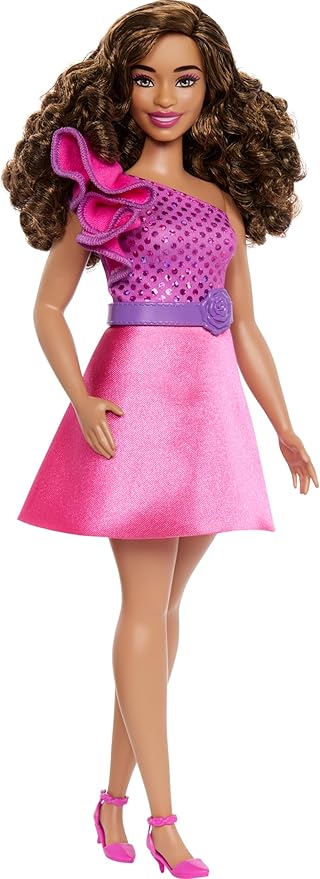 Barbie Fashionistas Doll #225, Curvy Body Type with Brown Hair, Pink Sparkly Dress & Accessories, 65th Anniversary Collectible Toy
