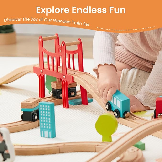 Tiny Land Wooden Train Set for Toddler - 39 Pcs- with Wooden Tracks fits Thomas, fits Brio, fits Chuggington, fits Melissa and Doug - Expandable, Changeable-Train Toy for 3 4 5 Years Old Girls & Boys