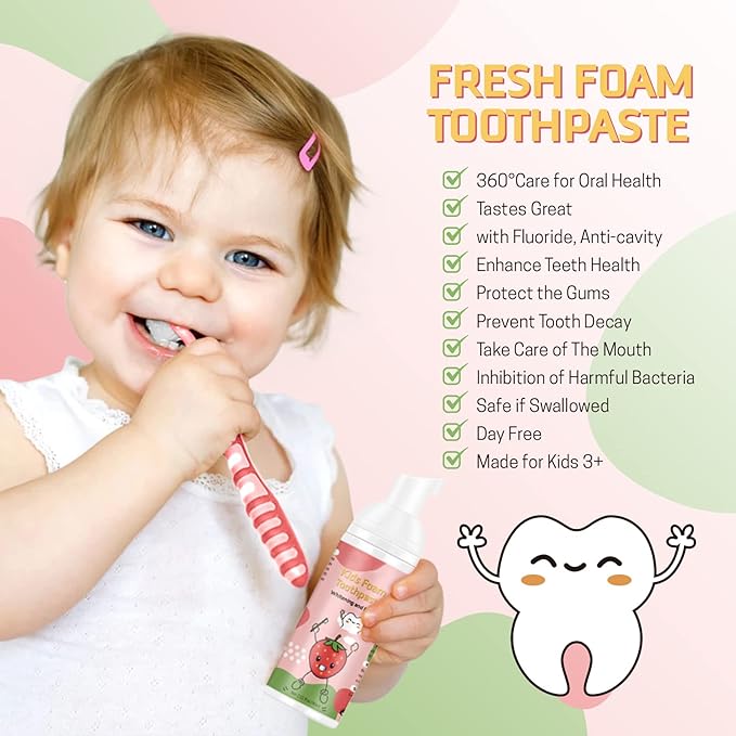 Kids Foam Toothpaste - Blueberry + Strawberry Flavor, Safe and Effective for Cleaning Teeth, Suitable for Children, 2 Pack