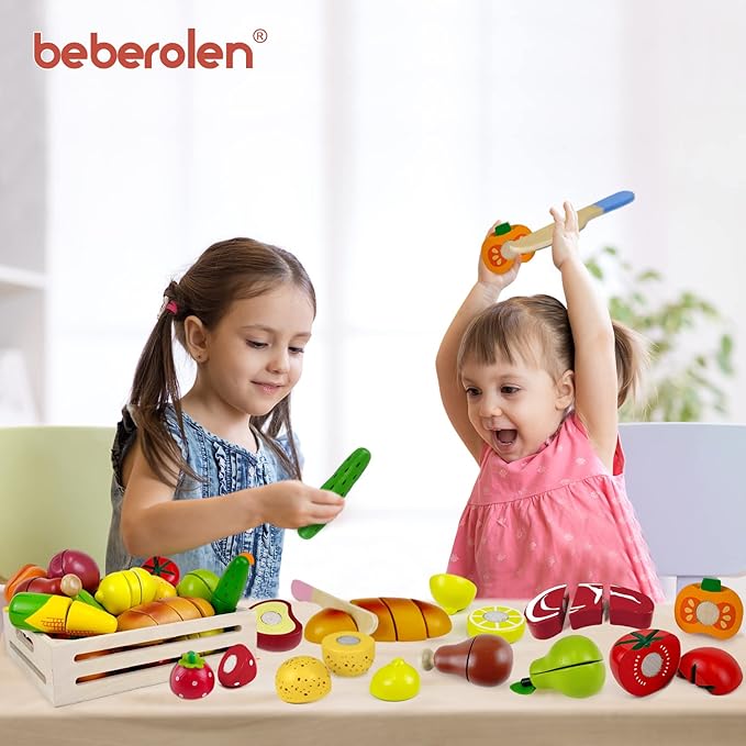 Wooden Play Food Sets for Kids Kitchen Toddlers Wood Toys Cutting Fruit Pretend Food Play Kitchen Accessories Set for Boys and Girls