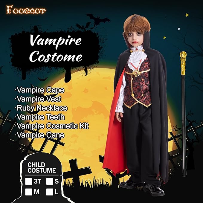 Vampire Costume for Boys Scary Halloween Party, Vampire Teeth Vampire Cane and Cosmetic Kit Included