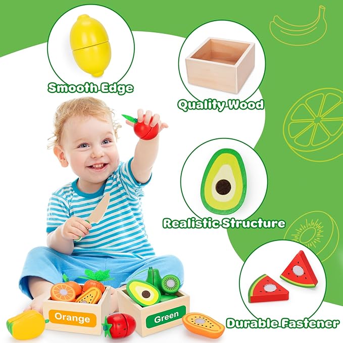 Wooden Play Food Toy Set for Kids Kitchen - 30 Pcs Montessori Cutting & Color Sorting Fake Fruit Accessories with 4 Boxes, Pretend Play Toys for Toddlers 3, Birthday Gifts for Boys Girls