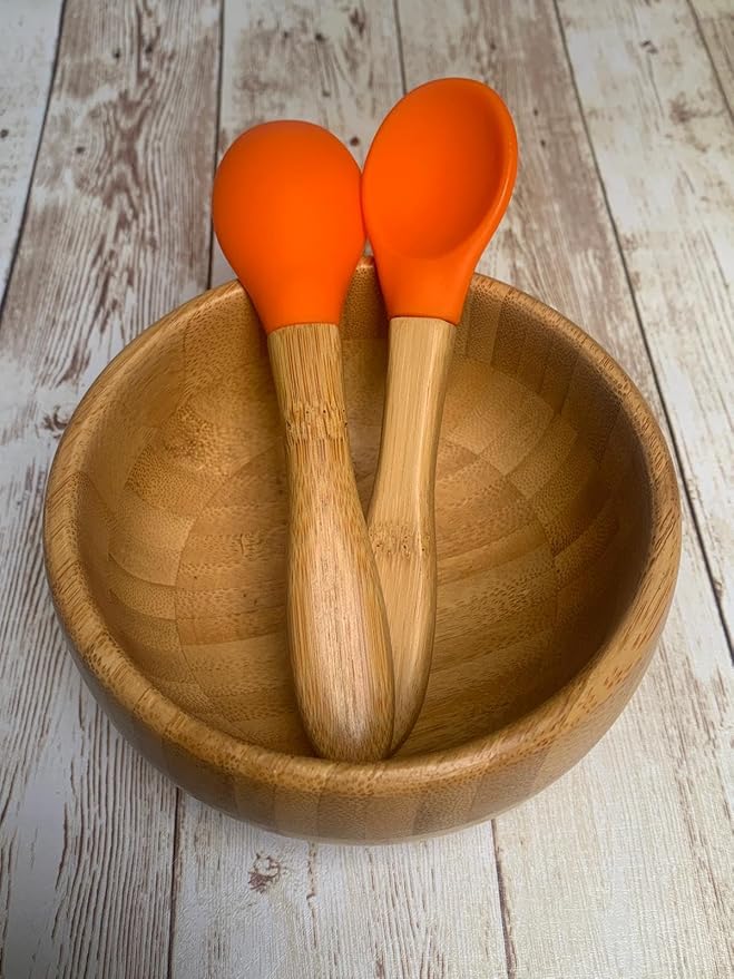Babynow Bamboo Baby Spoons Self-Feeding Supplies for 6+ Months Babies & Toddlers in Bamboo & Soft Tip Designs ORANGE Pack of 2