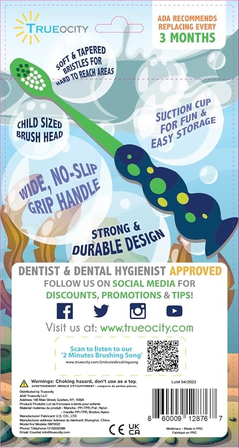 Kids Toothbrush 6 Pack - Soft Contoured Bristles - Child Sized Brush Heads (3-10 Year Old) - Suction Cup for Fun & Easy Storage - Girl & Boy Set (6-Pack, Green & Pink)