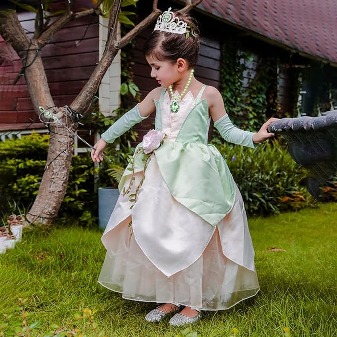 Princess Tiana Costume Dress up Accessories for Girls Tiana Cosplay Accessories Christmas Gifts Set Tiana Gloves Tiara Crown Necklace Wand Earrings Ring Princess Accessories for Girls
