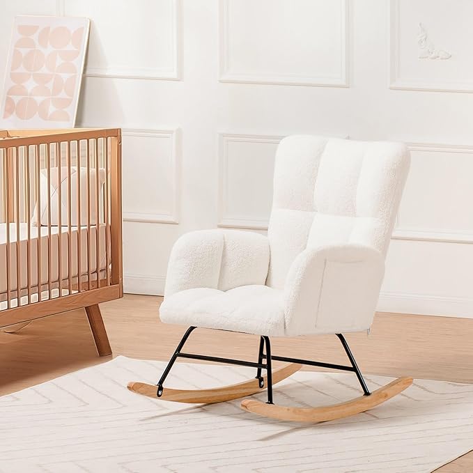 COMHOMA Nursery Rocking Chair, Teddy Upholstered Glider Rocking Chair with Side Pockets, Accent Chair with High Backrest Reading Chair for Adult, Nursery, Bedroom, Living Room,Offices (White)