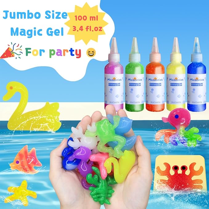 MINISENTIALS Magic Water Elf Toy Kit - 10 Colors Aqua Art Gel 100ml Jumbo Size Famliy Set - 10 Sea Creature Molds Magic Fairy Squishy Maker - Party Favor Birthday Christmas Gift for Kids