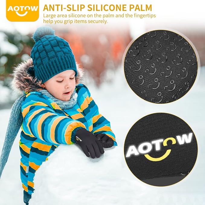 Kids Winter Warm Sports Gloves - Cold Weather Water-Resistant Children Mittens Age 4 12 Years Boys Girls Black