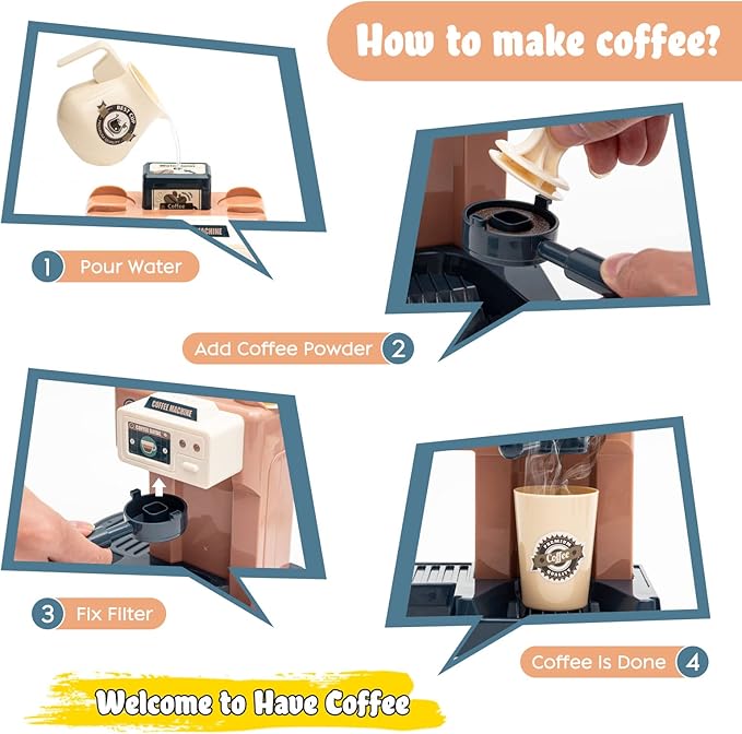 Jomifin Pretend Role Play Toy Coffee Shop for Boys and Girls with Coffee Maker Machine and Fake Donuts 41Pcs (Classic Edition)