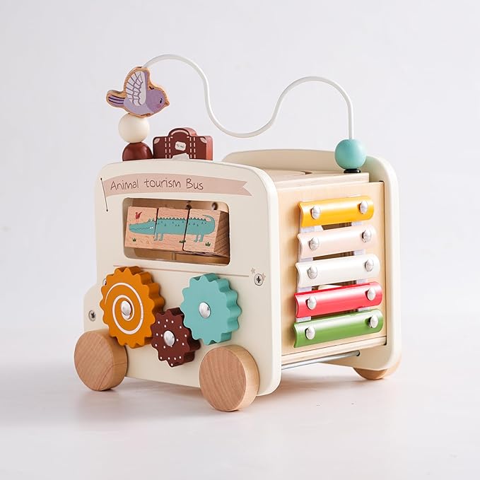 Wooden Activity Cube 8-in-1 Montessori Toys | Multifunctional Early Educational Learning Toys | Activity Cube for Baby Shape Sorter Xylophone Animal Travel Bus Toys Boy Girl Birthday Gift（Beige Bus）