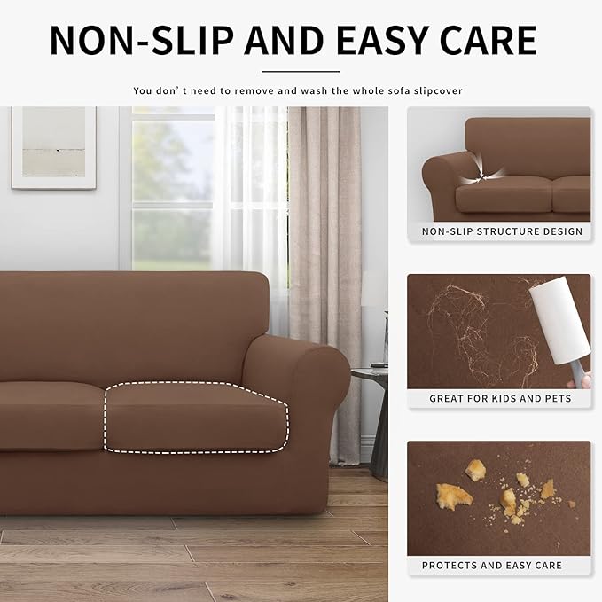Easy-Going 100% Dual Waterproof Oversized Loveseat Cover Stretch Soft Couch Cover for Dogs, Sofa Slipcover for 2 Separate Cushion Couch Leakproof Furniture Protector for Kids, Pets Brown