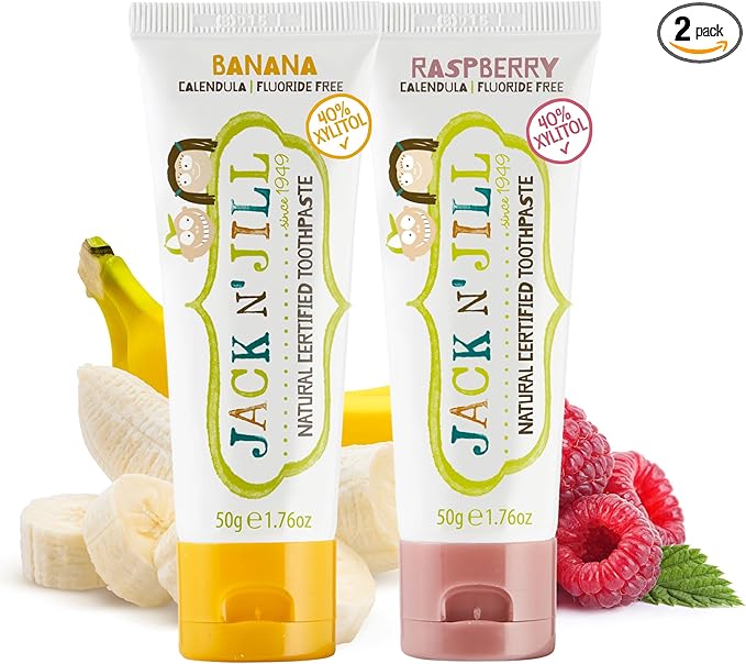 Jack N' Jill Natural Toddler Toothpaste for Baby, Kids and Infants 6 Months & Up, Fluoride Free Training Toothpaste for Toddlers 1-3 (1.76 Fl Oz (Pack of 2), Banana & Raspberry)