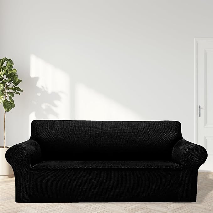 2025 New Stretch Oversized Sofa Slipcovers Couch Sofa Cover for 4 Seater Furniture Protector Covers with Elastic Bottom Jacquard Fabric Small Checks for Pets, Kids - Black