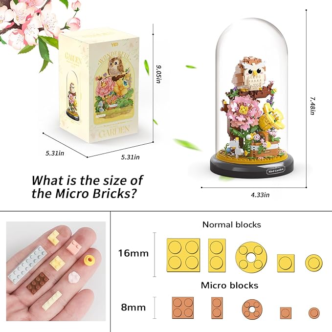 Owl Flower Bouquet Building Set for Adults, Animals Flowers Plants Decor with Dust Cover, Birthday Gift Building Toy for Boys Girls, 1123 PCS Mini Building Blocks, Not Compatible with Lego Set