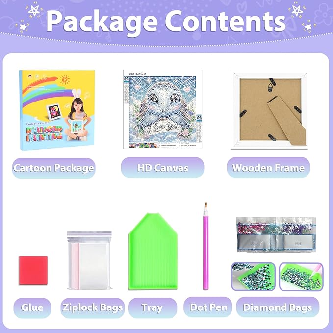 hkejoi Turtle Diamond Art Painting Kits for Kids with Frame, Cartoon Diamond Art for Kids Ages 4-6-8-12, Easy Kids Gem Art Kit with Cartoon Box for Home Wall Decor 7x7inch