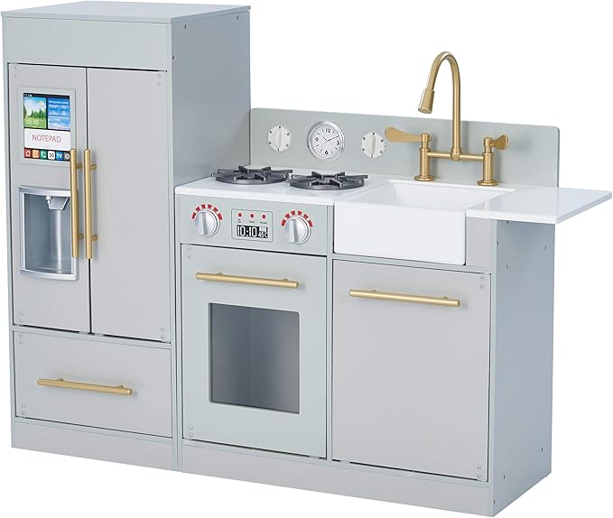 Teamson Kids Little Chef Charlotte Modern Modular Interactive Wooden Play Kitchen with Refrigerator, Stove and Sink in Gray with Gold Accents