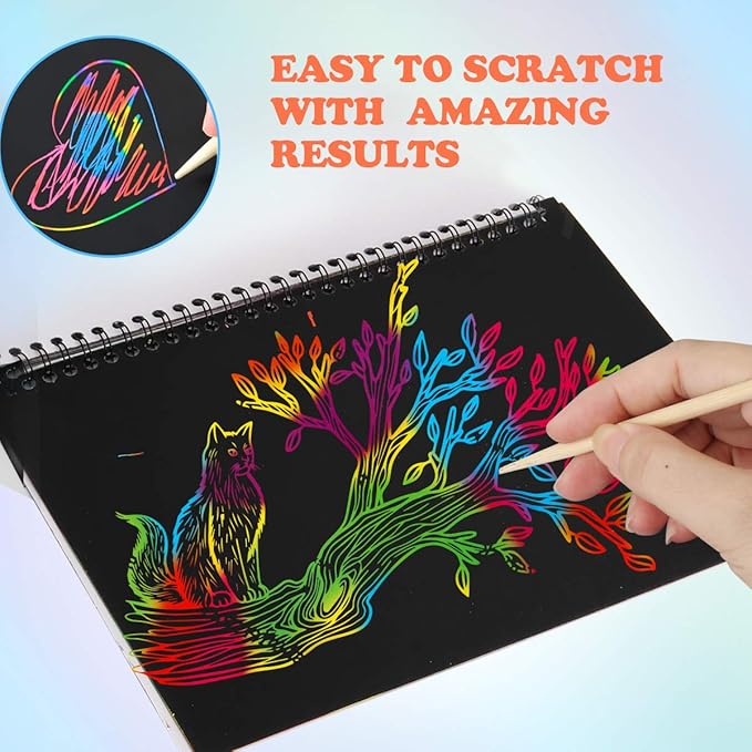 Mocoosy 3 Pack Rainbow Scratch Art Paper Notebooks, Magic Scratch Off Paper Set for Kids Arts Crafts, Black Scratch Note Doodle Pads for Drawing Christmas Gifts Birthday Game Coloring Activity