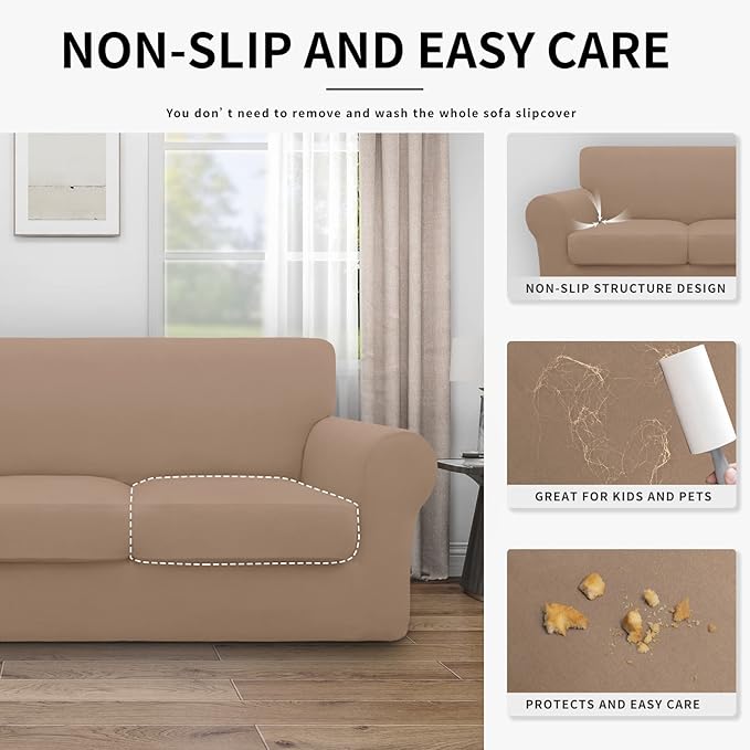 Easy-Going 100% Dual Waterproof Oversized Loveseat Cover Stretch Soft Couch Cover for Dogs, Sofa Slipcover for 2 Separate Cushion Couch Leakproof Furniture Protector for Kids, Pets Camel