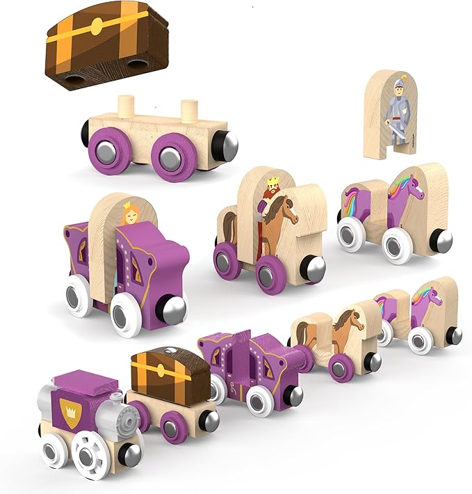 ORBRIUM 68 Pcs Fantasy Kingdom Adventure Wooden Train Set in Wooden Storage Box Unisex Children Toys Girls Boys 3 4 5 6 7 Years Compatible with Thomas, BRIO, Melissa and Doug, Imaginarium, IKEA