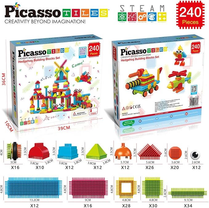 PicassoTiles 240pcs Hedgehog Interlocking Building Shape 3D Blocks, STEAM Educational, Creative, Fun Construction Playset, Sensory Toy Gift for Preschool and Kindergarten Kids, Ages 3 and Up, PTB240