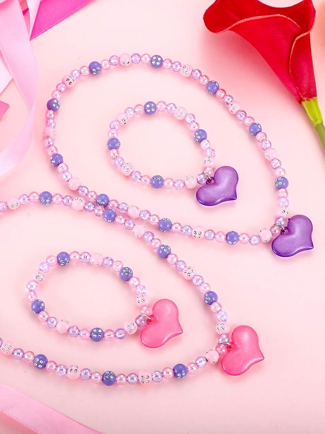 Zhanmai 2 Pcs Girl Princess Necklace Bracelet Set Lovely Princess Heart Shape Beads Necklace Stretchy Jewelry Set Girls Costume Jewelry Gift Party Favors for Dress up
