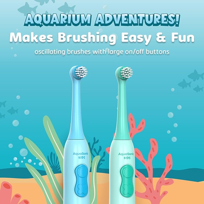 Aquasonic Kids Electric Toothbrush Set for Ages 3+ | Soft Bristles, Oscillating Brush Head, Built-in Battery | Aquarium Adventures