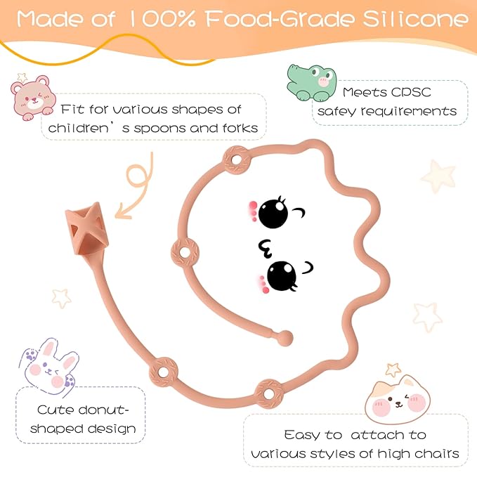 Toddler Utensils，Silicone Stretch Lids for fork and spoon,Holder Strap Food Grade Silicone Keep Fork and Spoon Off The Floor Great for Baby and Kids Dishwasher Safe （Apricot and Orange)