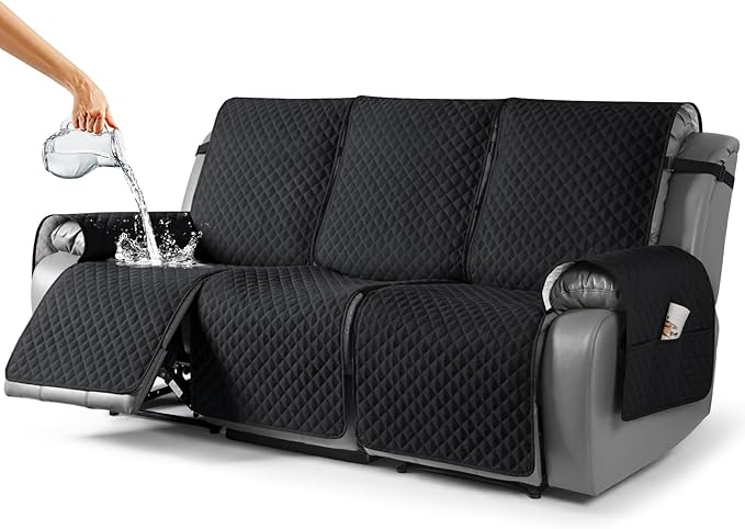 TAOCOCO Recliner Sofa Slipcover Couch Covers for 3 Cushion Couch, Pet Sofa Cover for 3 Seat Recliner Sofa, Washable Reclining Sofa Cover Furniture Protector with Elastic Straps(3 Seater, Black)