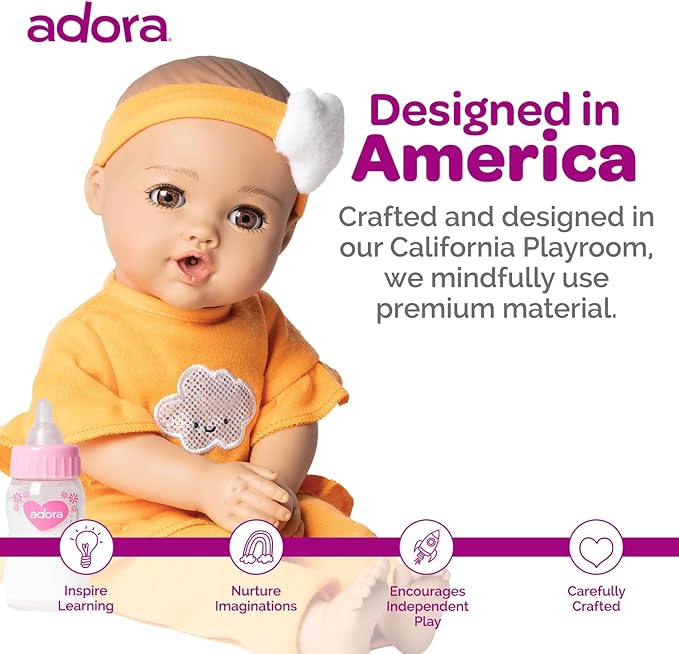 Adora Nurture Time Babies Collection, 13" Baby Doll and Clothes Set with 3 Touch Activated Features Includes Removable Cloud Patterned Outfit, Doll Bottle, Birthday Gift For Ages 1+ - Sweet Orange