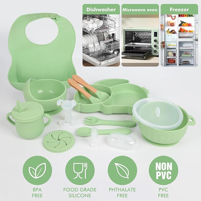 Silicone Baby Feeding Set 15 Pcs，Baby Spoons Suction Bowl Divided Plate Bib Cup Finger Brush Teething Teether，Baby Led Weaning Supplies,Baby & Toddler Silicone Plates and Bowls Dining Set（green）