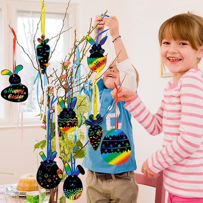 48 Pcs Easter Scratch Crafts for Kids, Rabbit Bunny Carrot Easter Egg Rainbow Scratch Paper Ornaments with Wooden Stick and Ribbon for Easter Party Favors