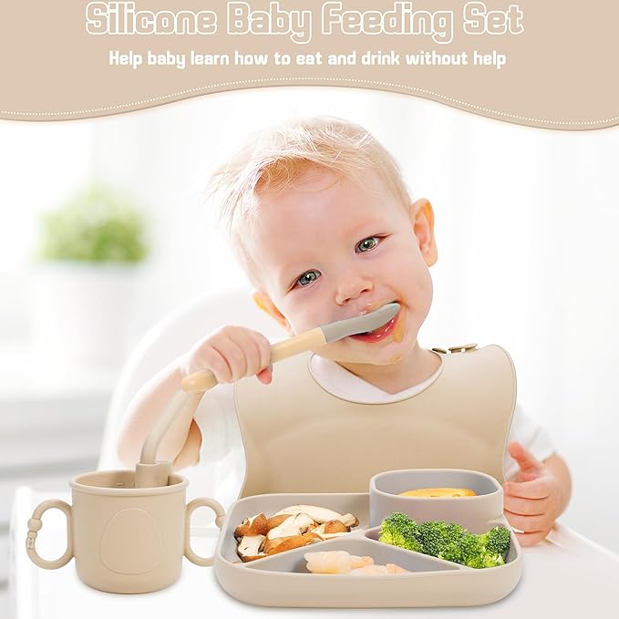 Silicone Baby Feeding Set, Baby Led Weaning Supplies, Silicone Suction Plate, Bowl, Spoons, Fork, Waterproof Bib, Cup and Food Tableware, Eating Utensils Baby Feeding Essentials for 3+ Months